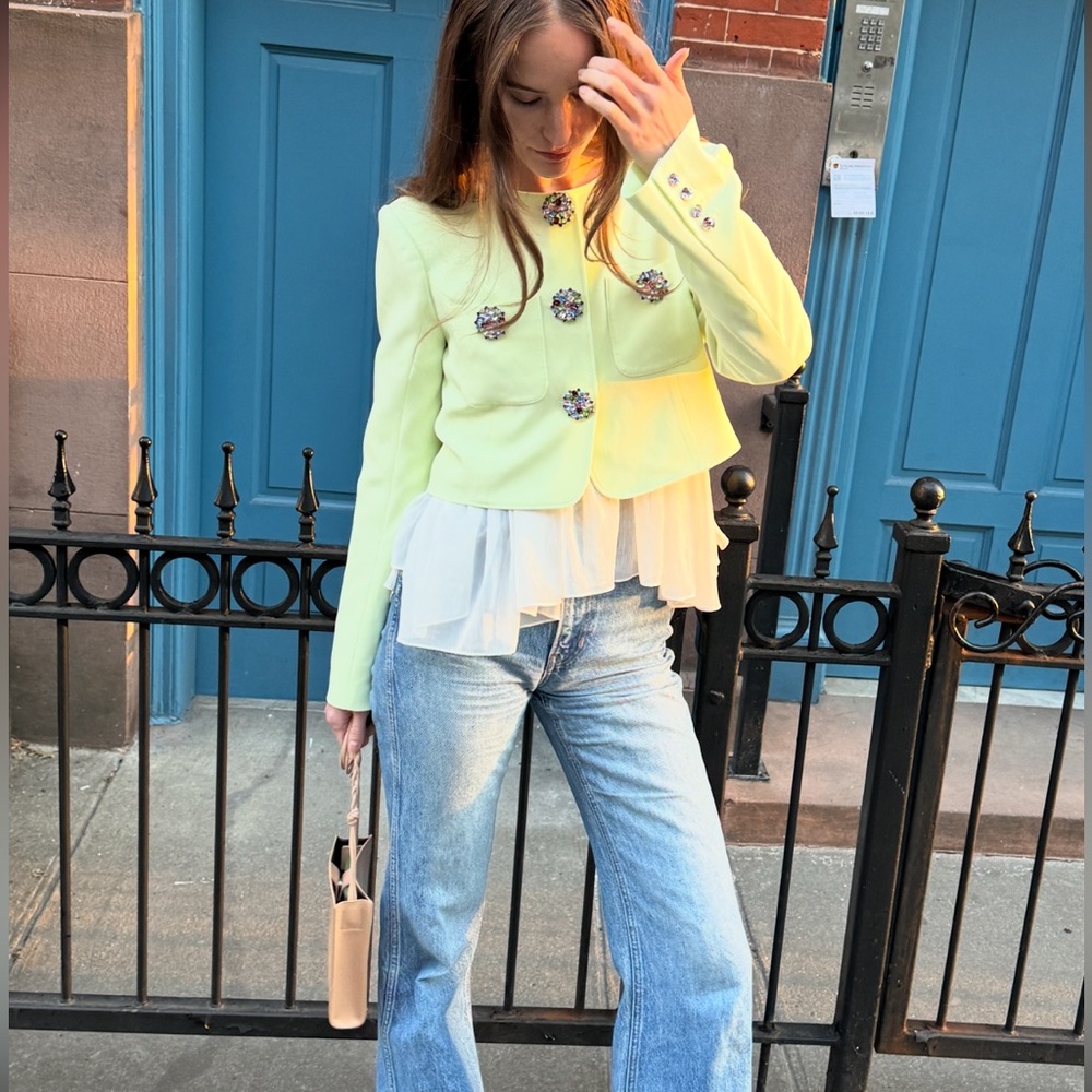 Light Green Cinq A Sept Cropped Jacket with Embellished Buttons - Picture 3 of 3